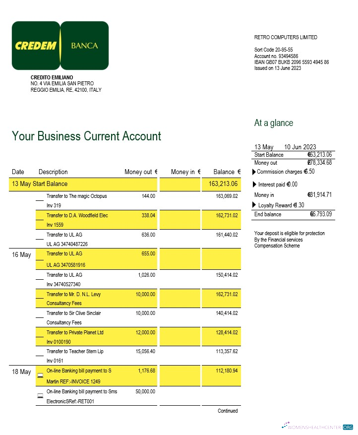 Download Credito Emiliano firm account statement Word and PDF template Photoshop template